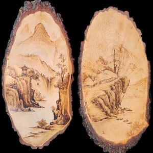 Vintage Pair Of Pyrography Wood Burning Plaques of Asian Style Landscapes
